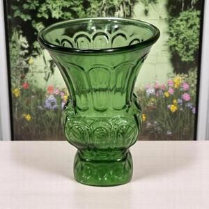 Vintage Emerald Green Glass Vase, Embossed Design, by AL Randall (?), VG/EX Cond